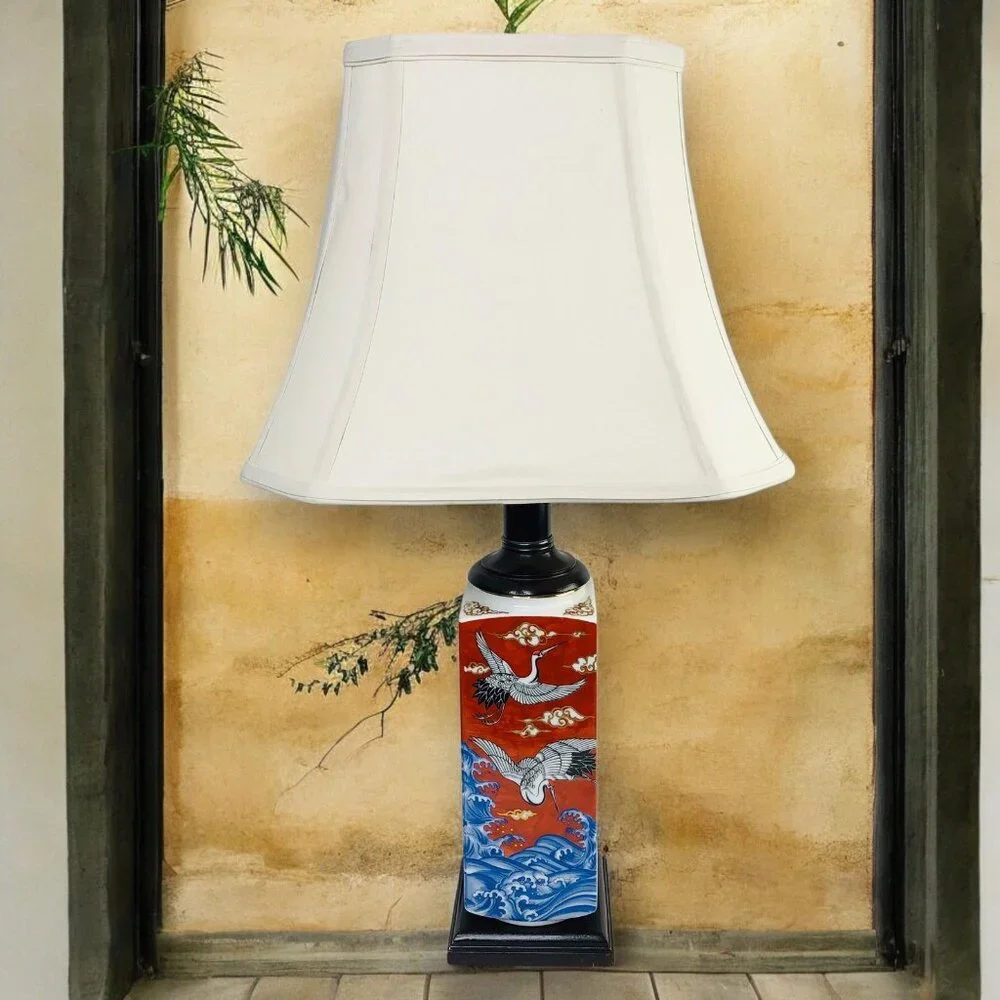Chinese Square Orange Red Porcelain Lamp Shade Birds Sea Cloud Gold Hand painted